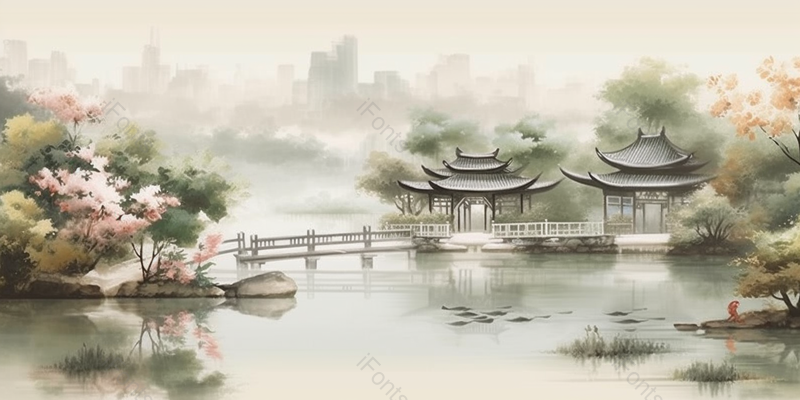 古风山水场景远处云雾环绕平静的湖泊岸边的树木树丛小桥和亭台建筑中国风背景插画,插画/手绘图,插画/手绘图库,插画/手绘图下载,插画/手绘